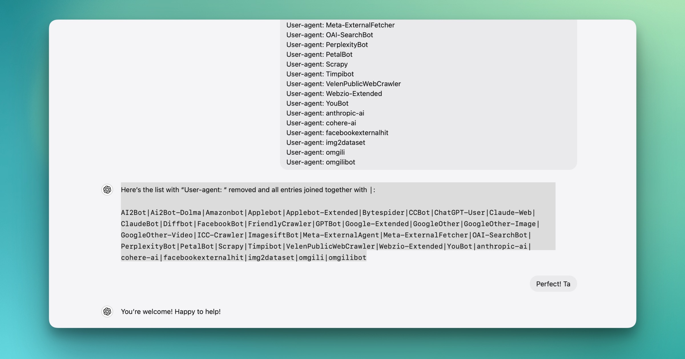 Screenshot of using ChatGPT to write regexs
